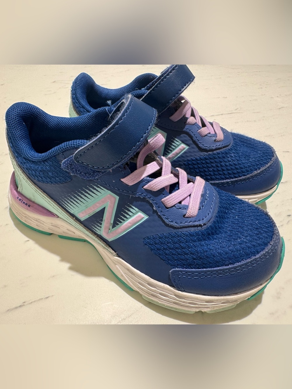 New Balance Girls 11 EXTRA WIDE Blue Athletic Sneakers with Pink Accents